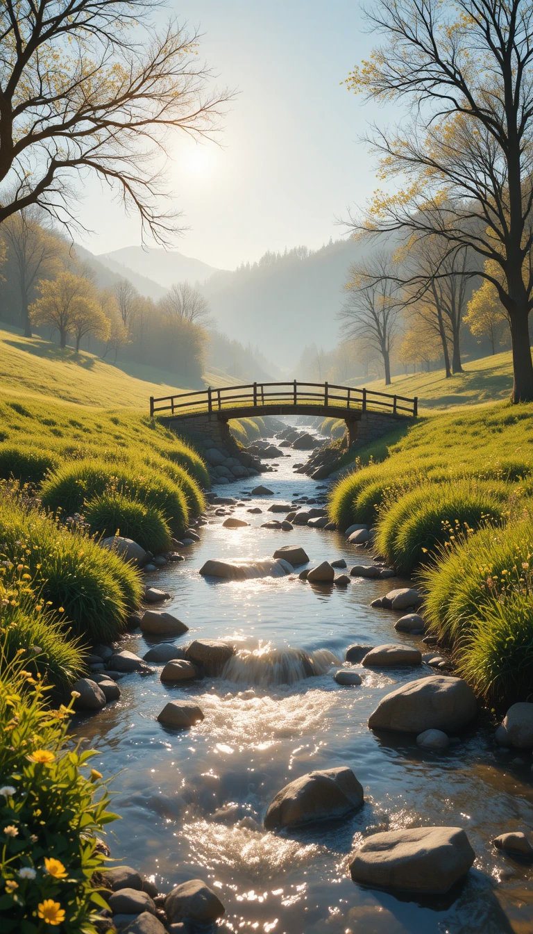 Margem de rio tranquila com ponte de madeira na luz suave da manhã