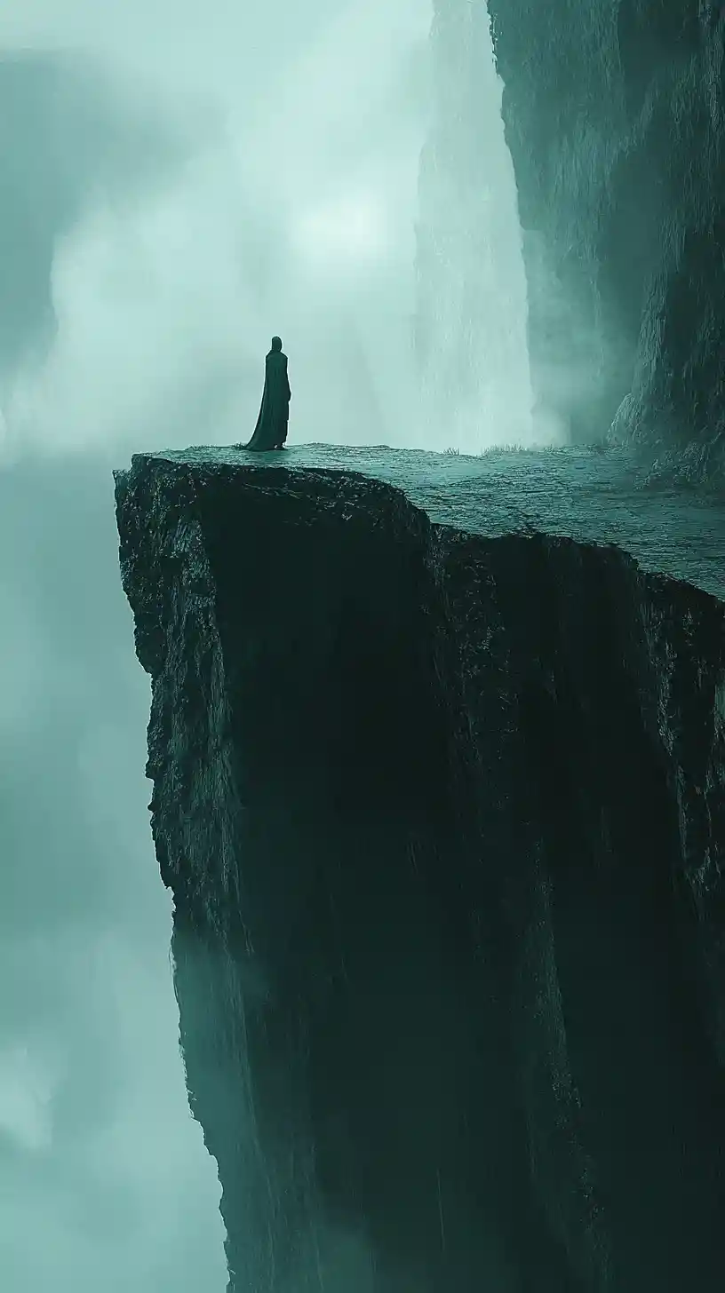 Cloaked figure on cliff edge over glowing green chasm