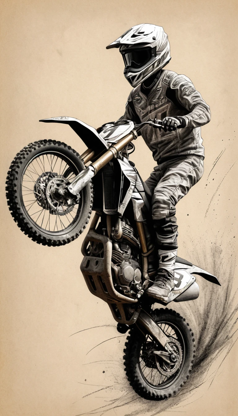 Esboço expressivo a lápis de uma moto de motocross em pleno salto
