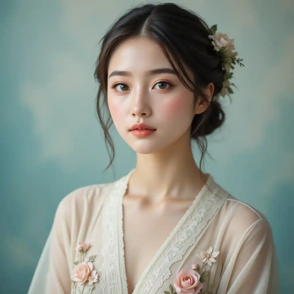 Young woman in floral lace robe with soft teal background