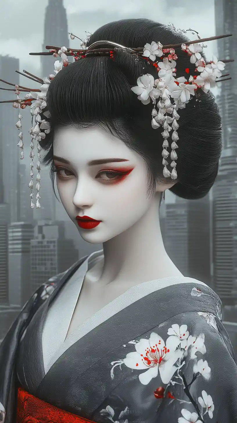Geisha-Porträt vor stimmungsvoller graustufiger Stadtsilhouette
