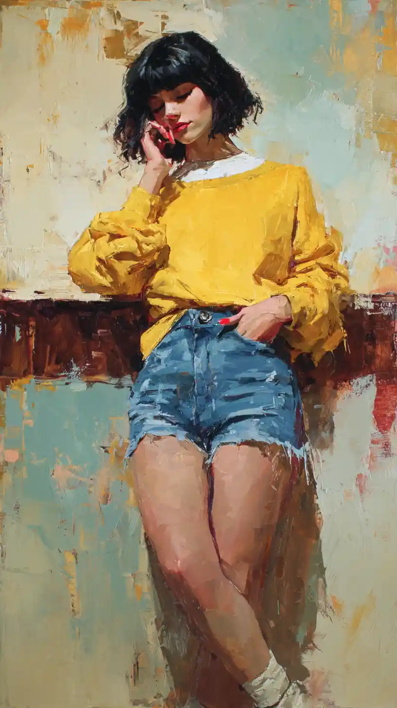 Melancholic young woman in mustard sweatshirt against abstract wall