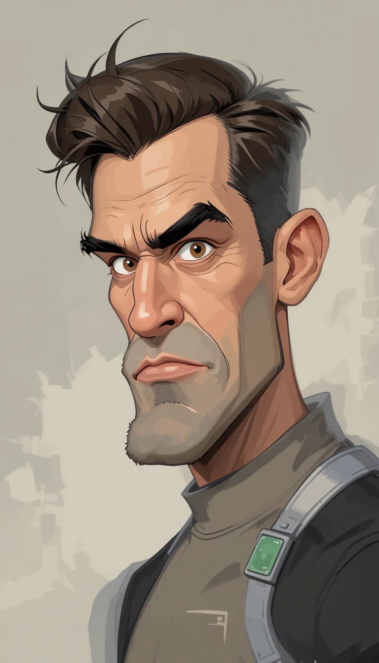Retrato em desenho animado de um homem sério e robusto em fundo claro