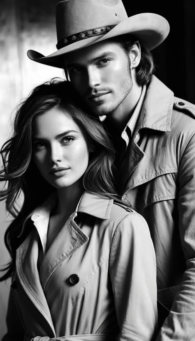 Close up western couple portrait in the wild west night