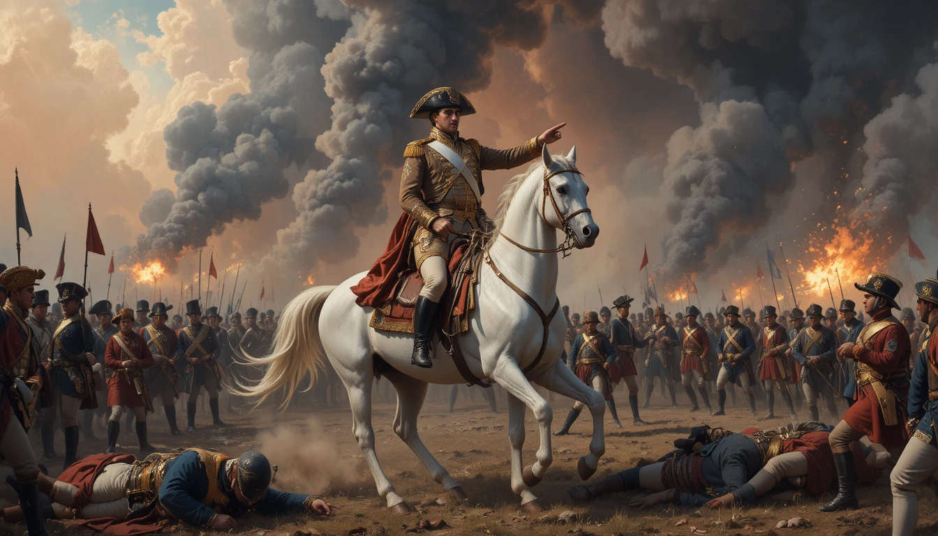 Napoleão liderando uma carga de cavalaria por um campo de batalha em chamas