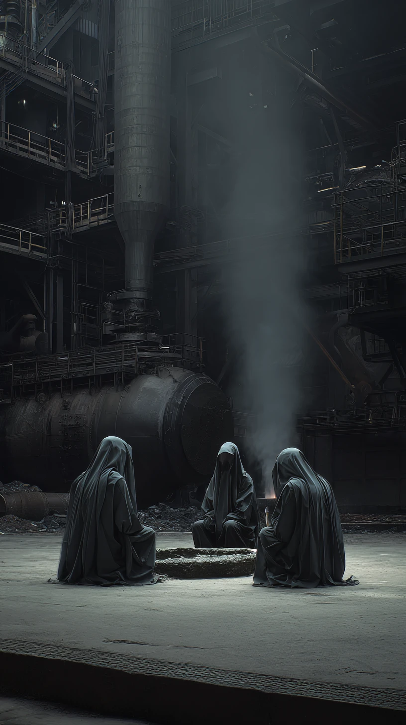 Group of steel bound slaves in a dark industrial world
