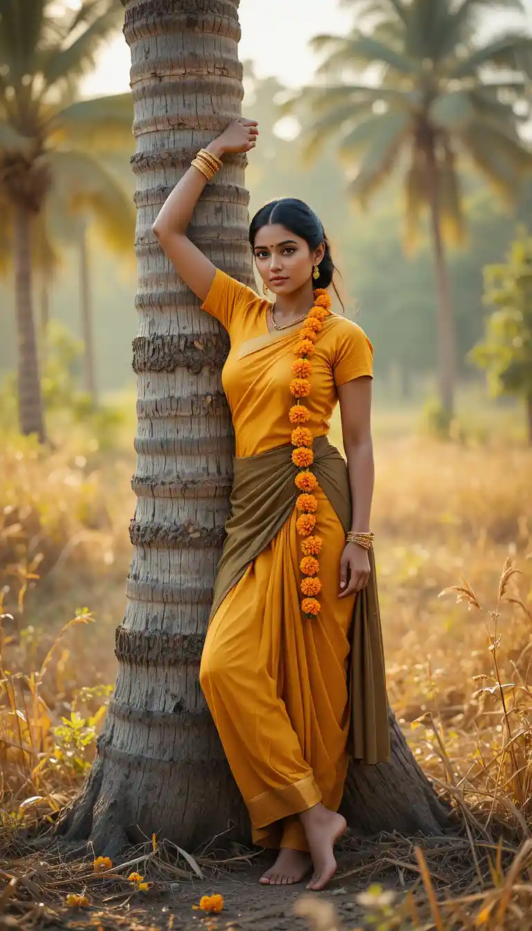 Ragazza dell'India del Sud appoggiata a una palma al tramonto