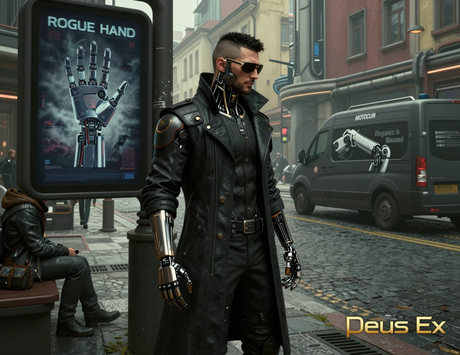 Augmentierter Detektiv beobachtet eine Cyberpunk-Straßenecke in Prag