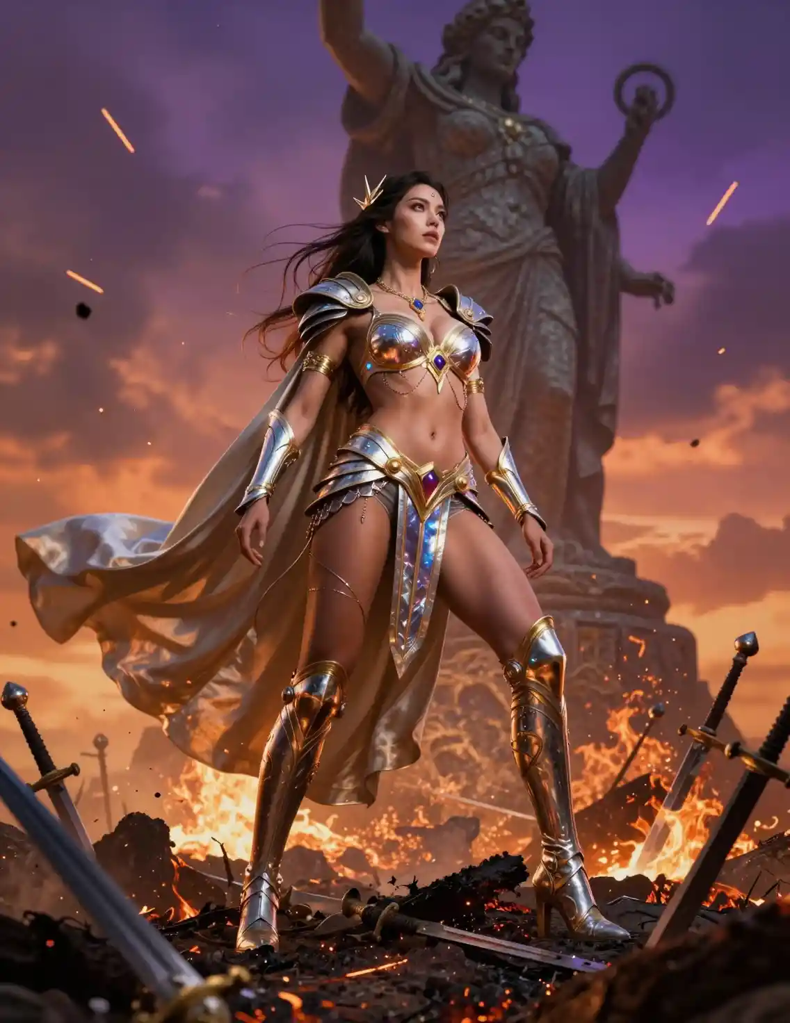Warrior queen in celestial armor on burning battlefield