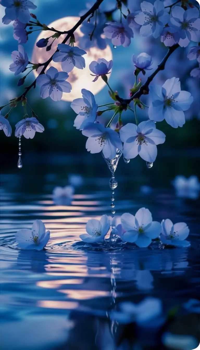 Mondbeschienener See mit Sakura-Zweigen und ruhigen Spiegelungen