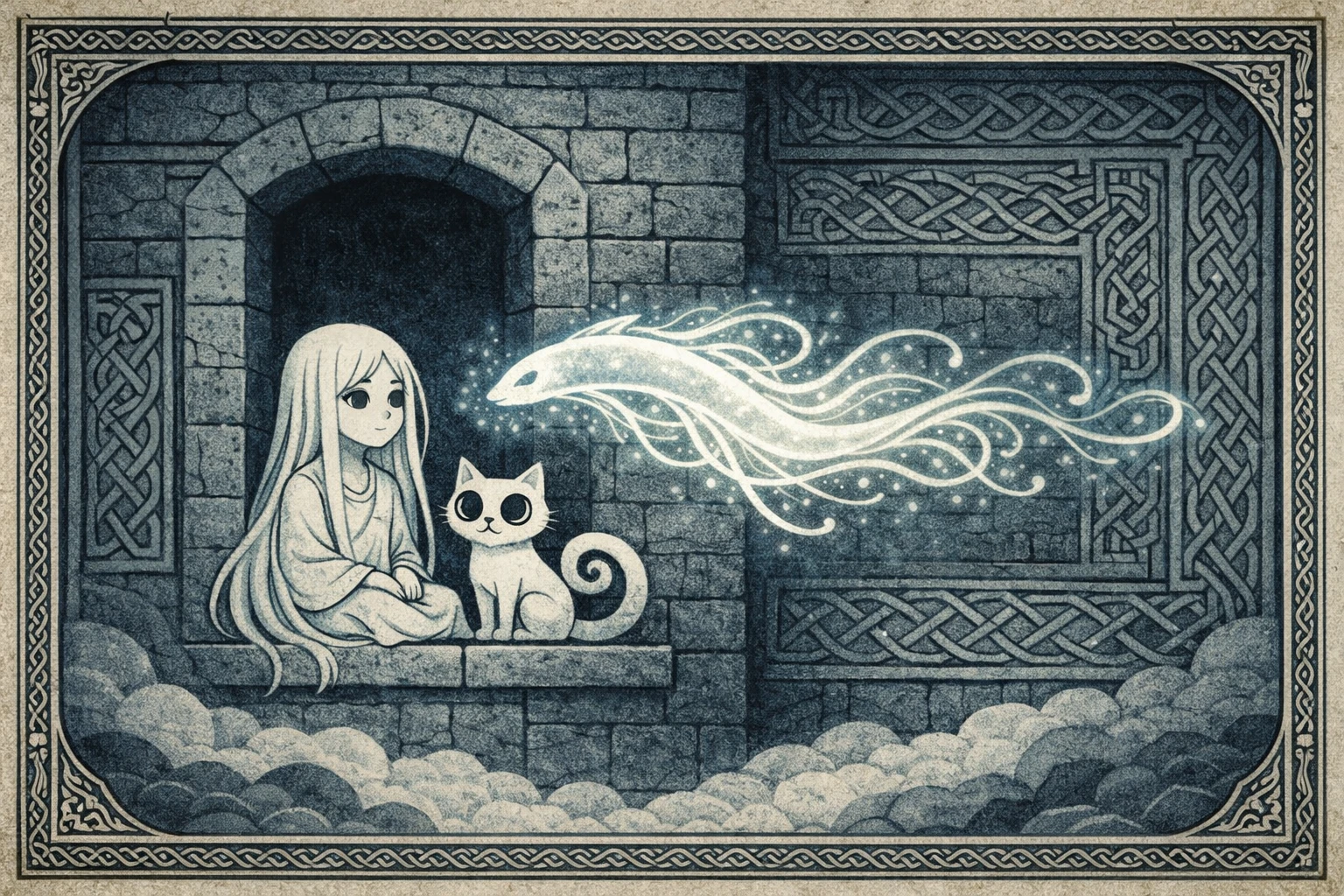 Mystical girl and cat in a glowing stone tower window