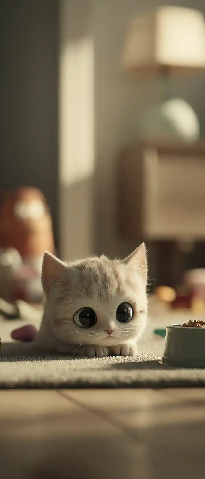 Sad anime kitten lying on rug by empty food bowl