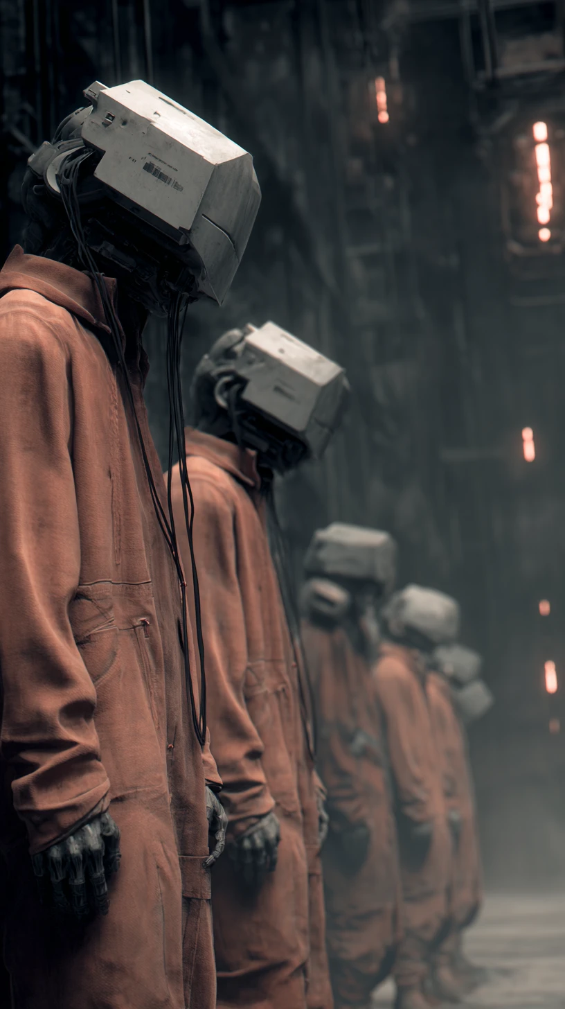 Realistic close up of chained slaves inside a steel prison