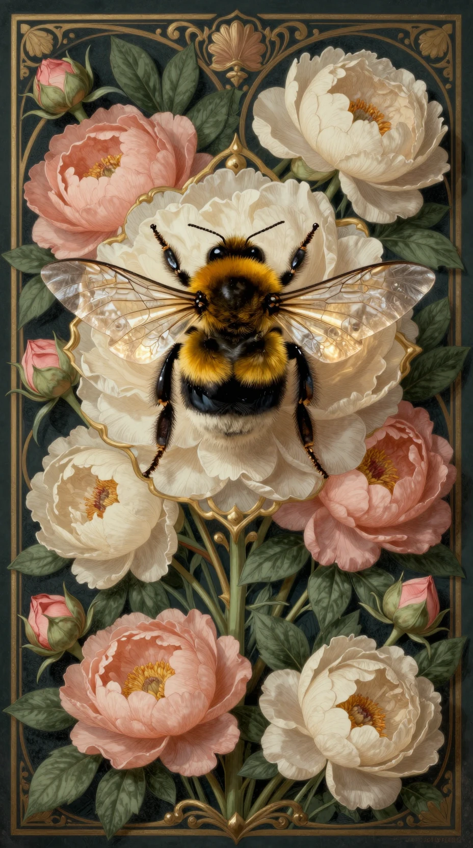 Illustration botanique vintage d’un bourdon avec des pivoines et des roses