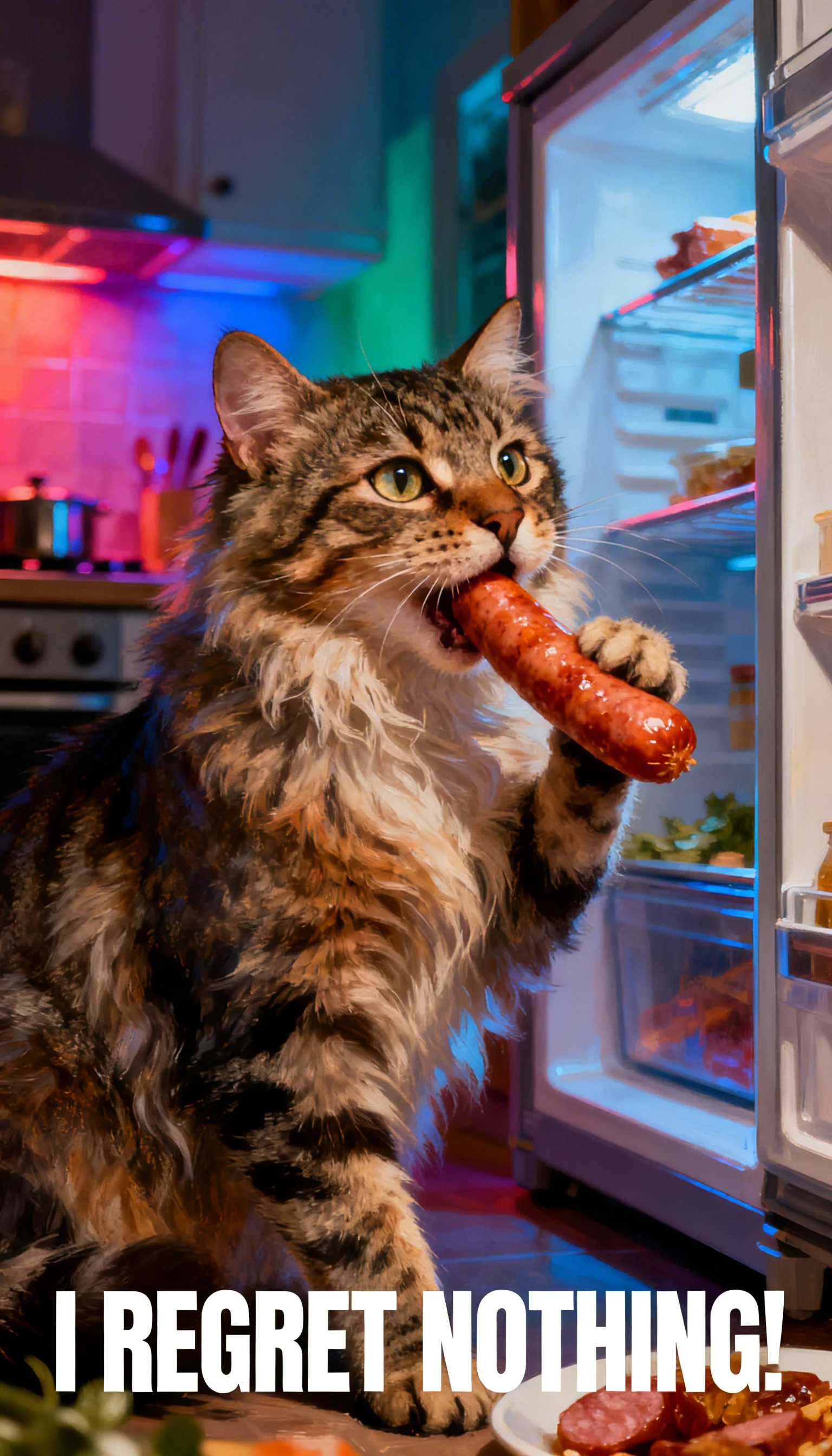 Gato malhado peludo roubando uma salsicha em uma cozinha iluminada