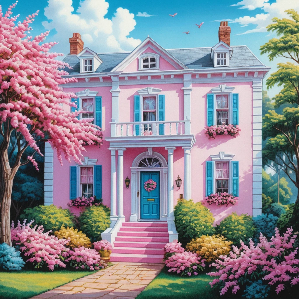 Maison vintage blanche avec fleurs roses sous la lumière d’été