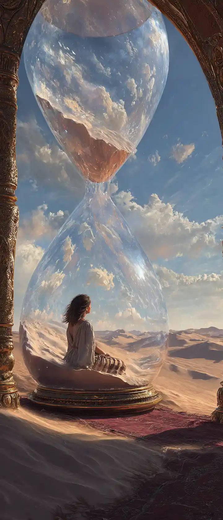 Young woman in an hourglass in the desert sun