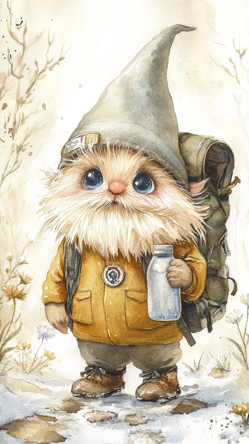 Gnome aquarelle avec sac à dos sur des pavés enneigés
