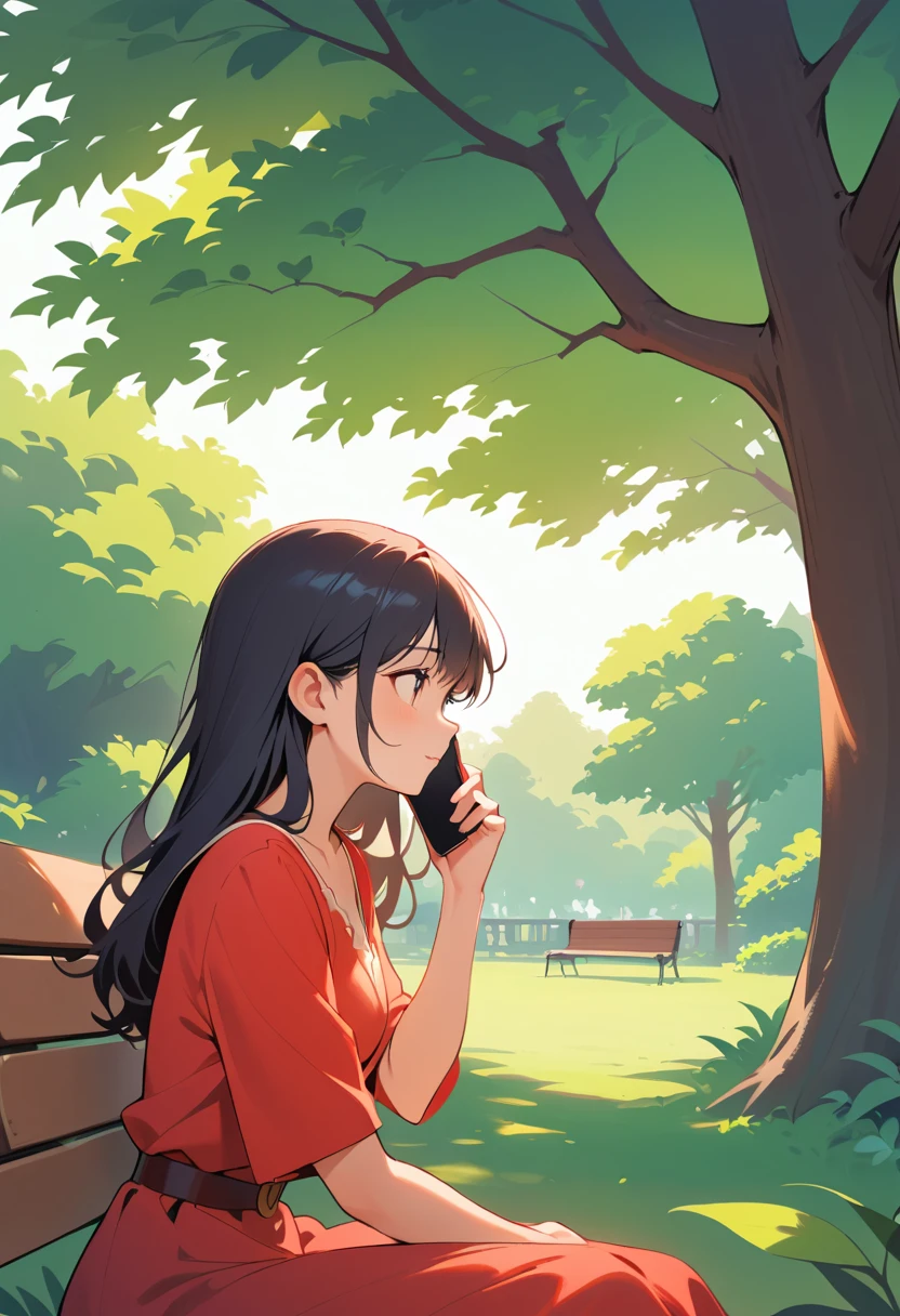 Young woman in red shirt talking on phone in park