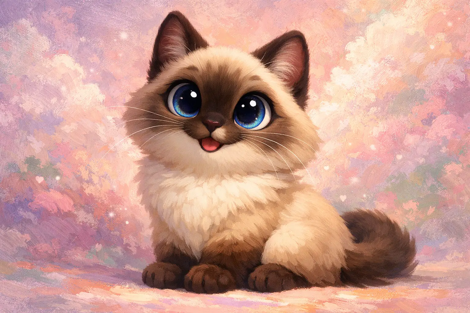 Niedliche siamesische Cartoon-Katze mit großen funkelnden Augen