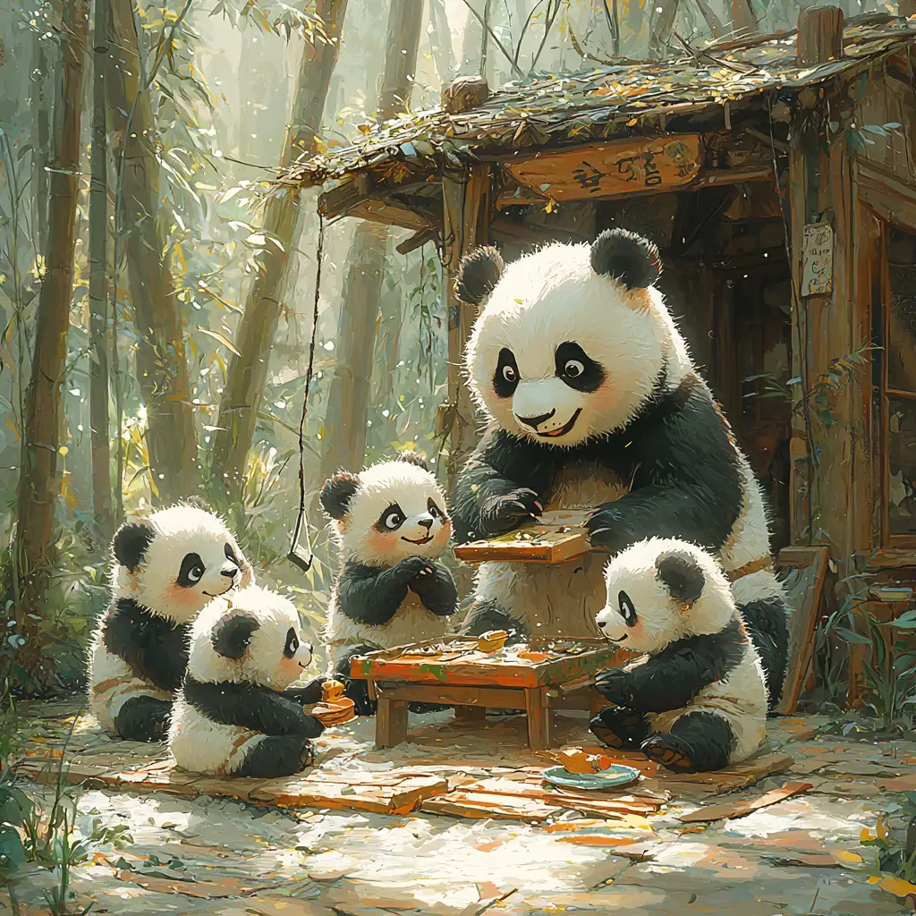 森林幼兒園裡嬉戲的熊貓寶寶插畫
