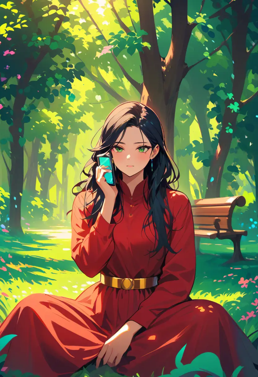 在陽光綠意公園裡打電話放鬆的年輕女子