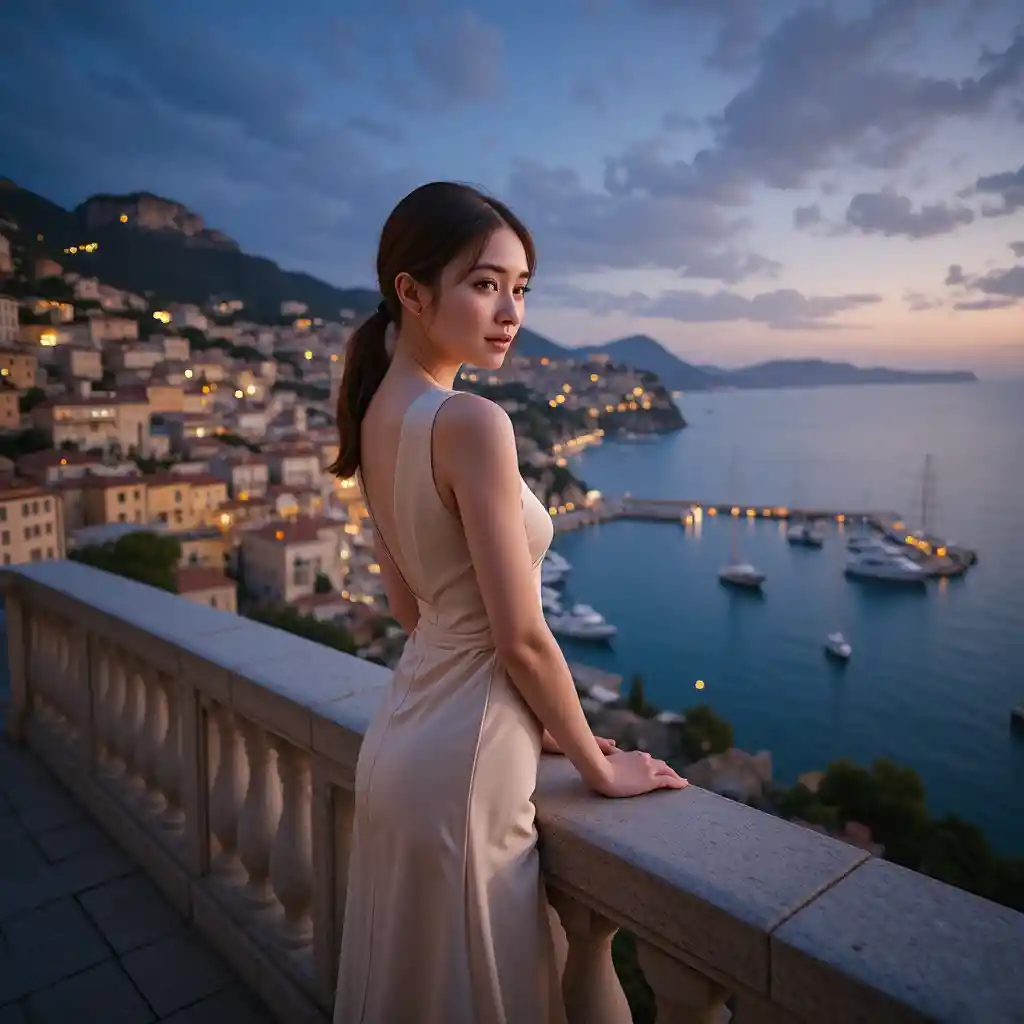 Korean woman in sculptural pastel dress above the Riviera