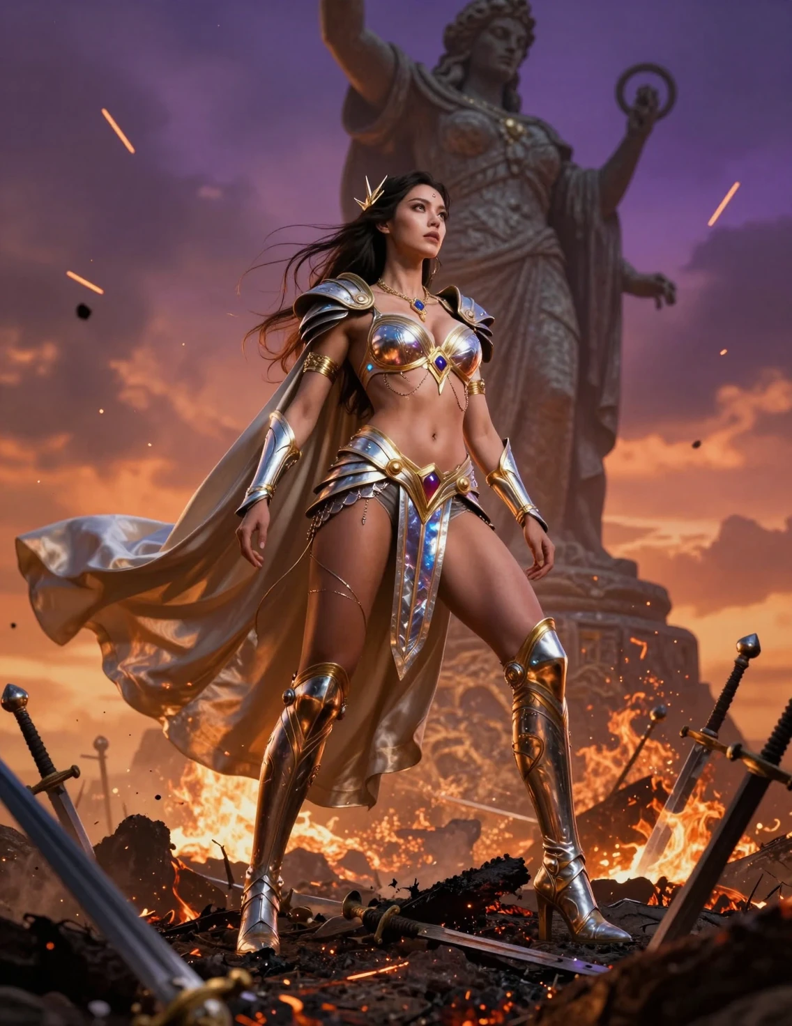 Warrior queen in celestial armor on burning battlefield