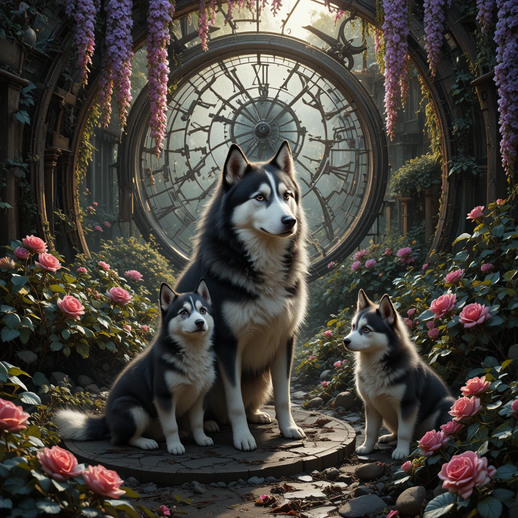 Família de Huskies Melancólica em um Jardim Mecânico em Decomposição