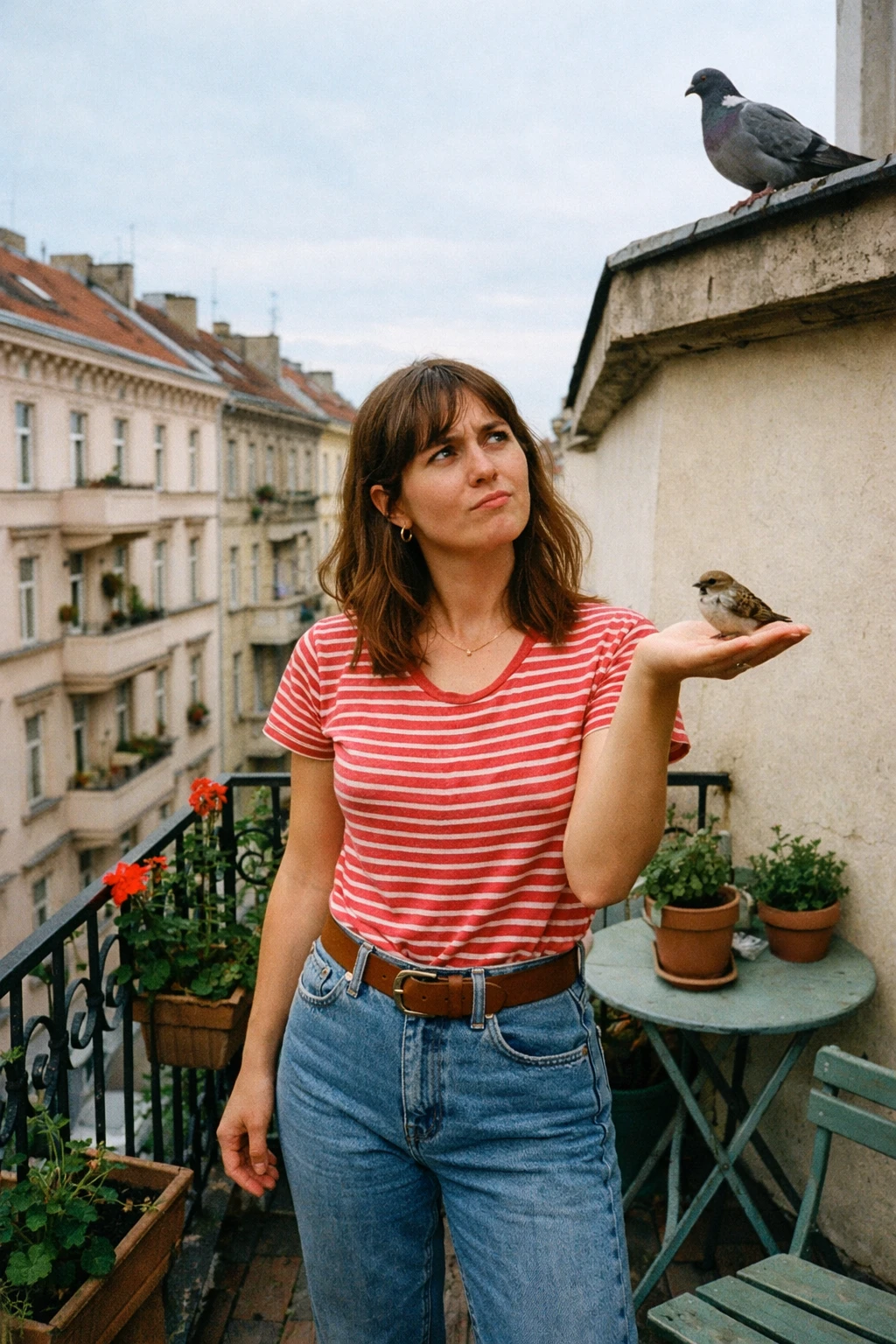 Donna che tiene in mano un piccolo passero sul balcone di casa