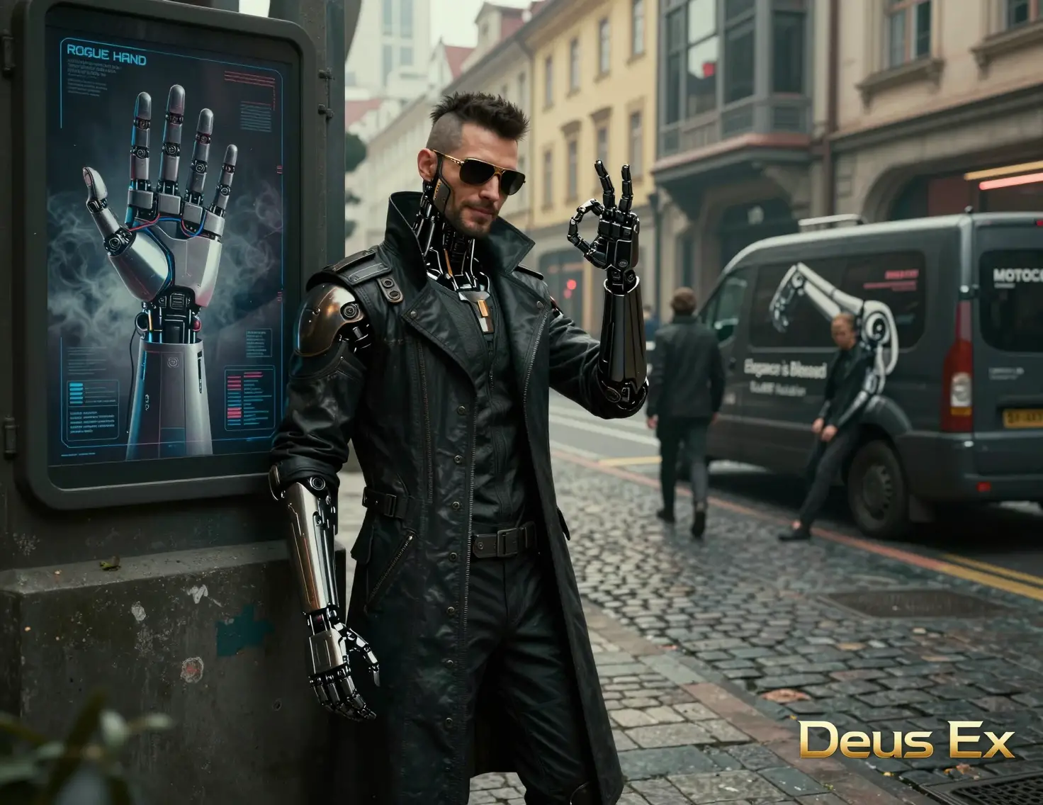 Erweiterter Detektiv auf einer futuristischen Straße in Prag