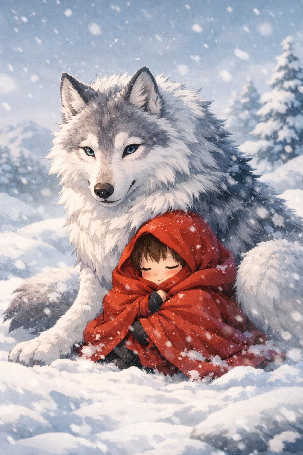 Lupo anime che protegge un bambino in un paesaggio innevato