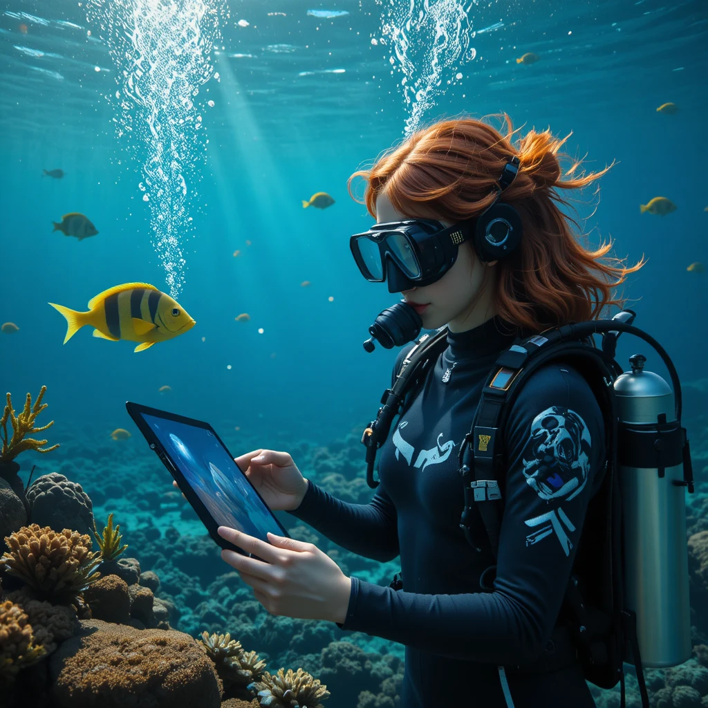 海中でタブレットを持つスキューバ装備の若い女性