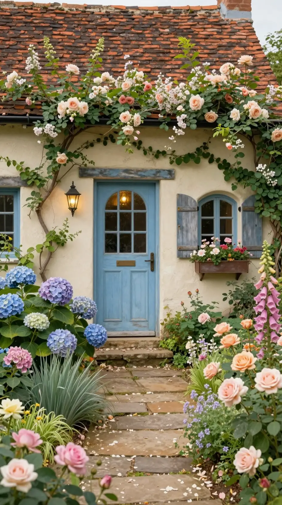 充滿花朵與常春藤的夢幻小屋花園