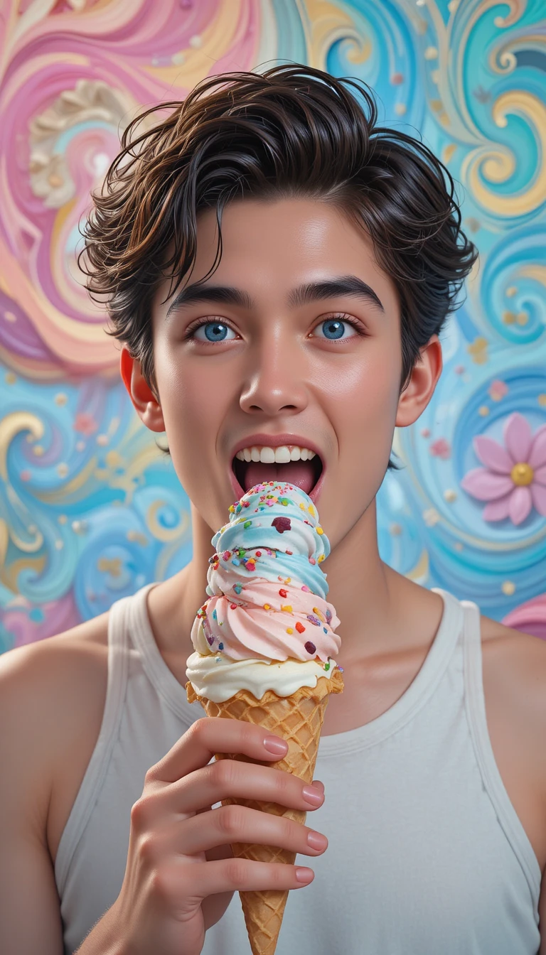 Jovem comendo sorvete diante de fundo abstrato em tons pastéis