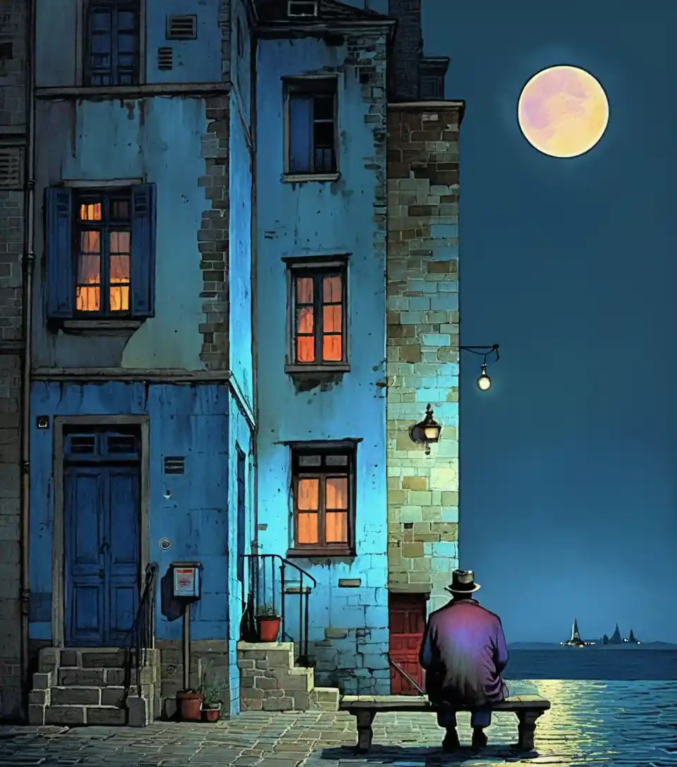 Surreal urban solitude by the water under a pearl moon