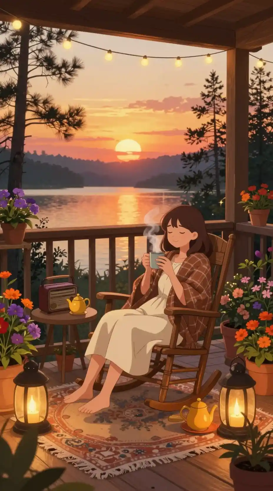 Cozy anime woman relaxing on a flower filled balcony