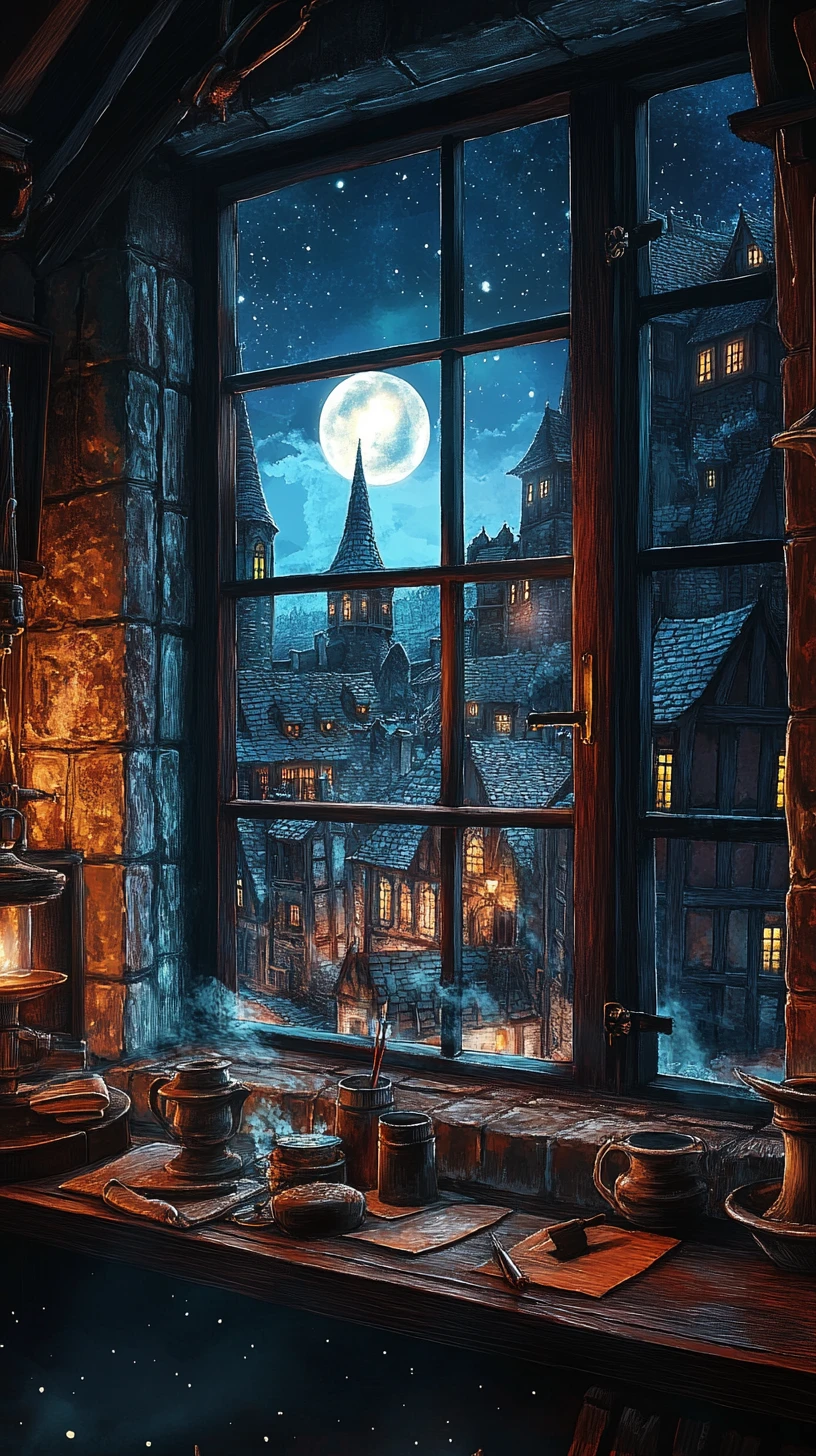 Fenêtre de tour de magicien surplombant un château fantastique au clair de lune