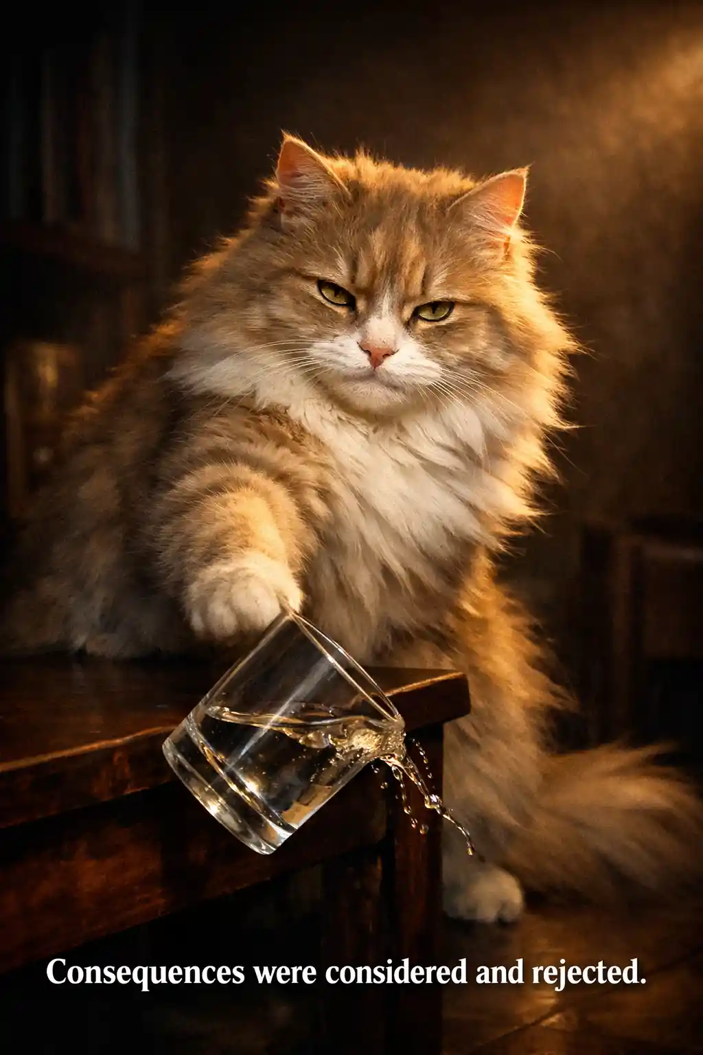 Smug fluffy cat pushing a glass off a table