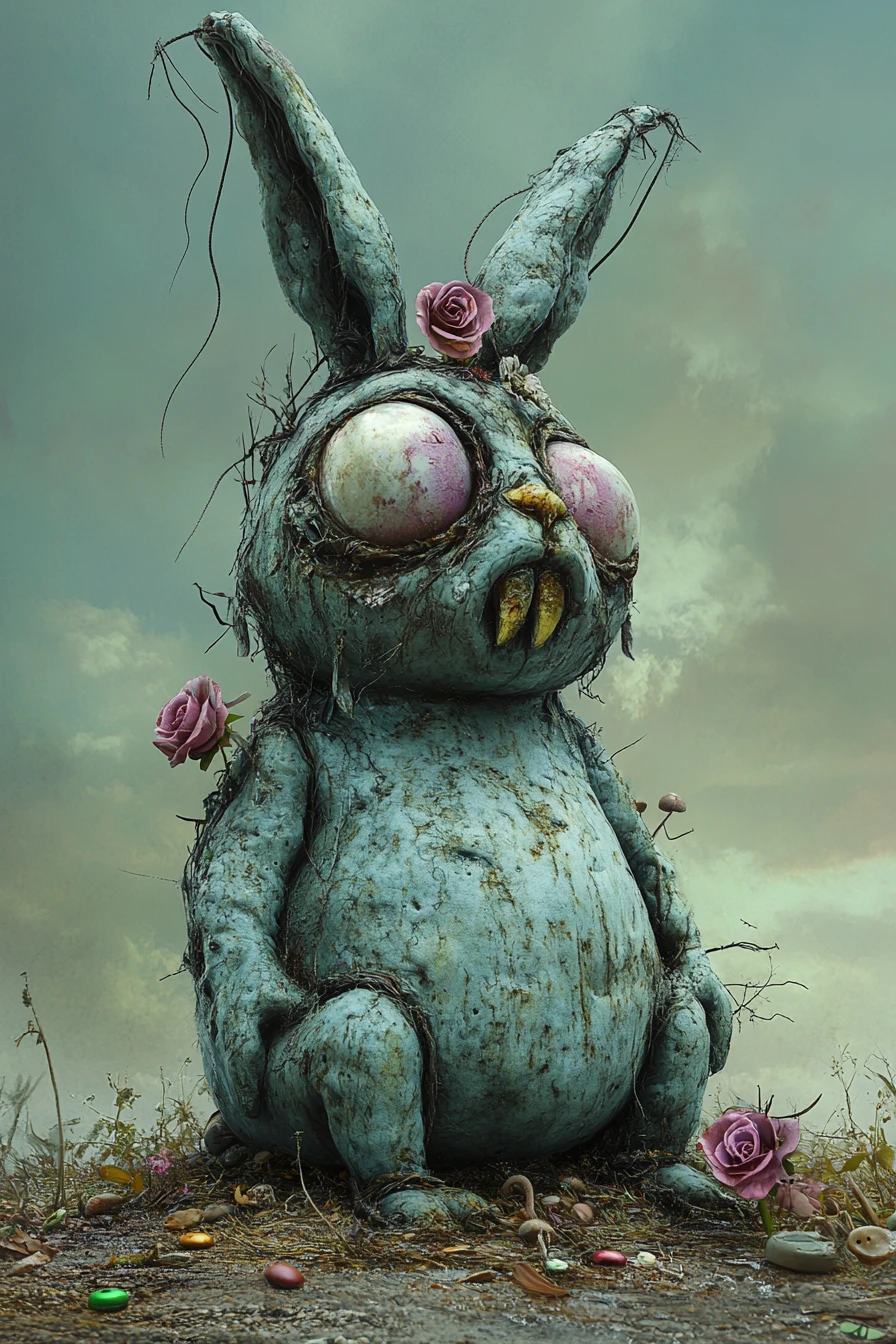 Grotesque rabbit like monster under a gloomy teal sky