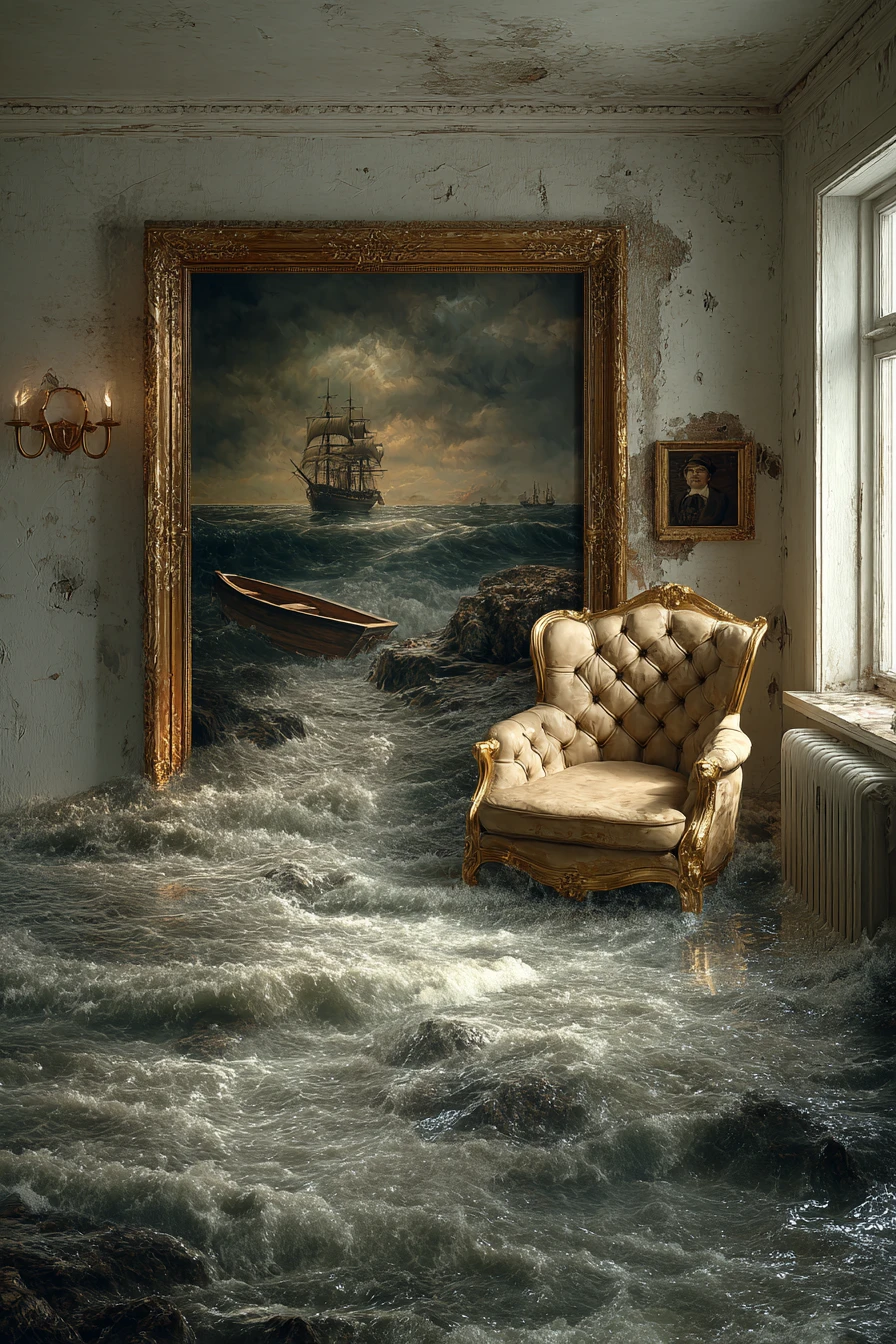 Surreal flooded room with armchair before stormy seascape painting