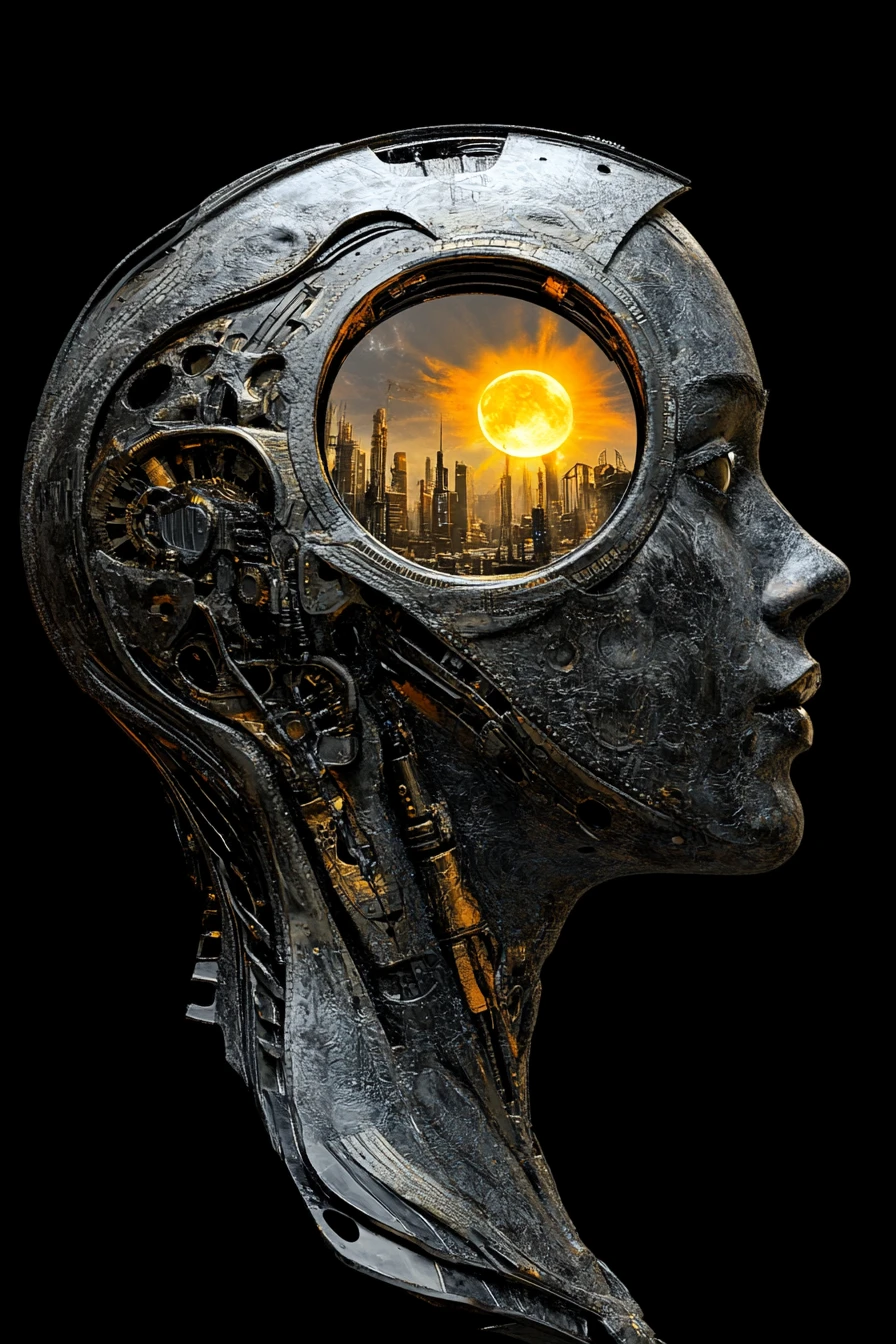 Perfil humano biomecânico ornamentado com cidade luminosa interior