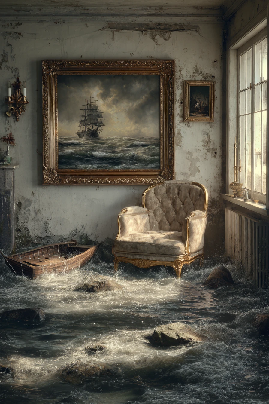 Surreal Flooded Room With Armchair And Stormy Seascape Painting