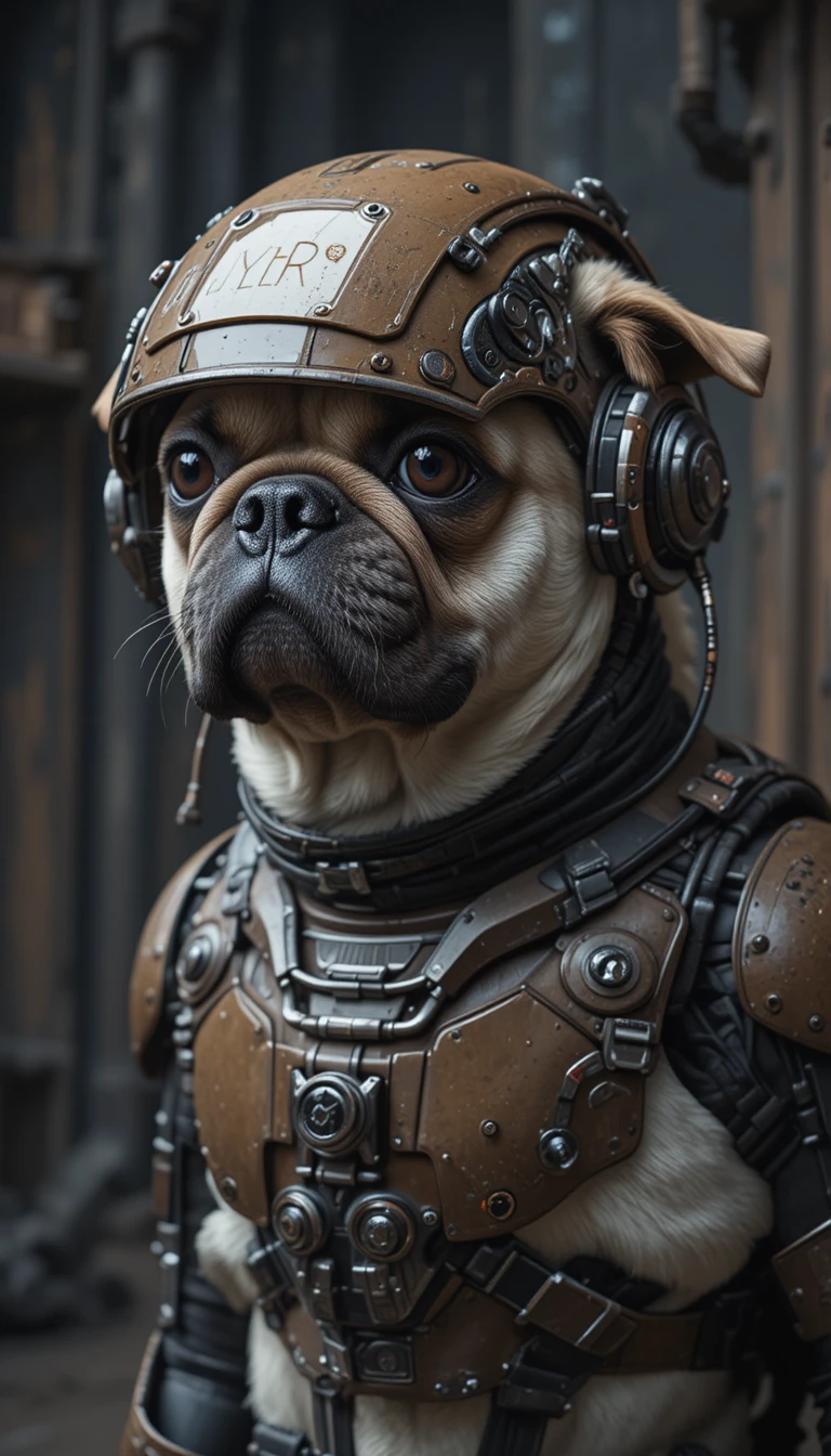 Pug usando armadura exoesquelética sci-fi em cenário escuro