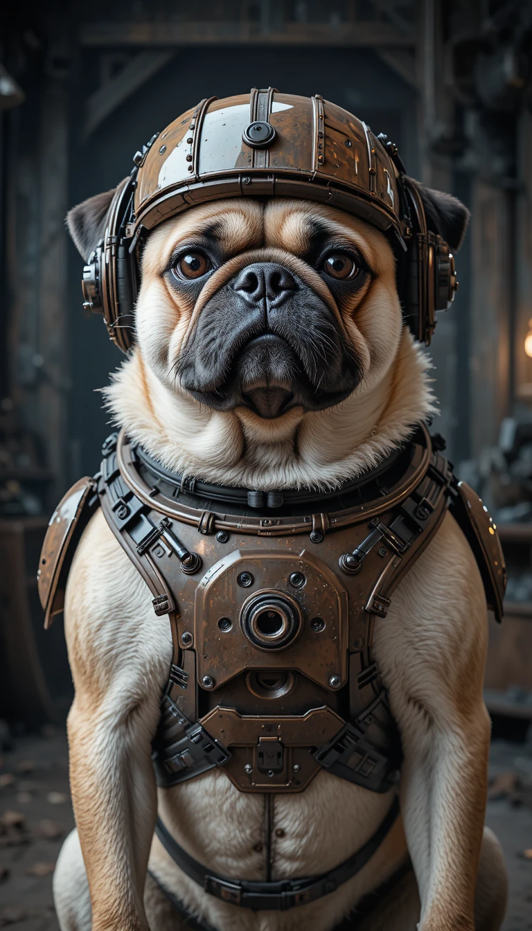 Pug com capacete de exoesqueleto futurista em cena industrial escura