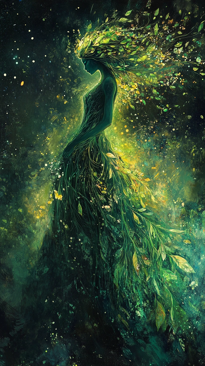 Mystical portrait of a grass skinned fairy under night sky