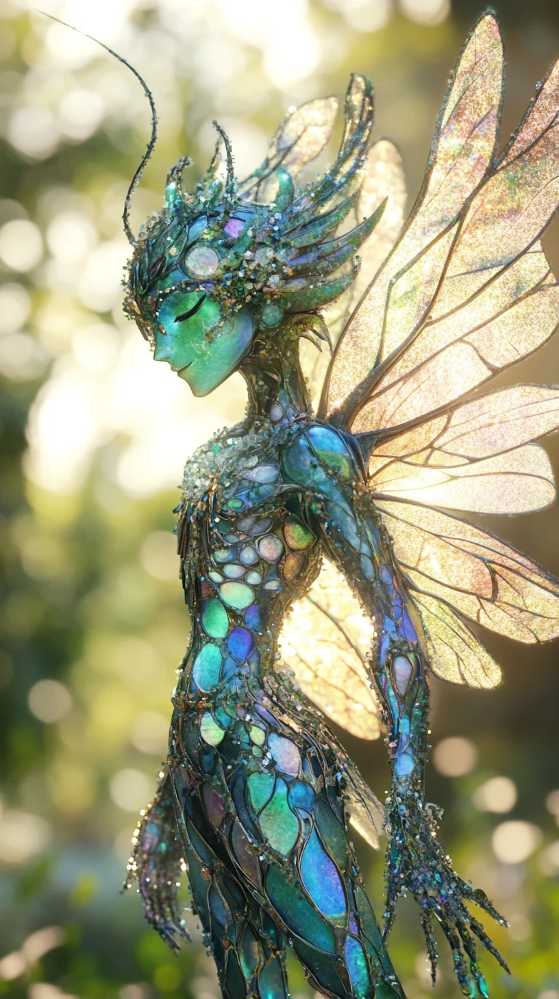 Créature féerique irisée aux ailes de libellule dans la lumière de la forêt