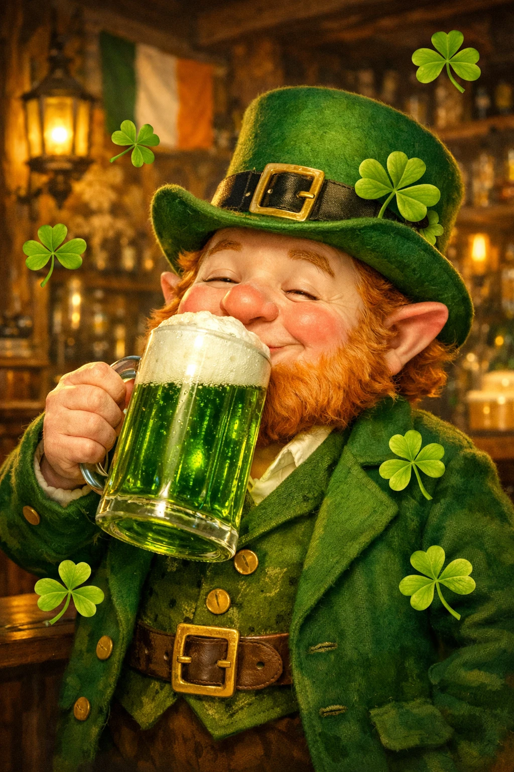 Leprecauno felice che sorseggia birra verde in una accogliente taverna irlandese