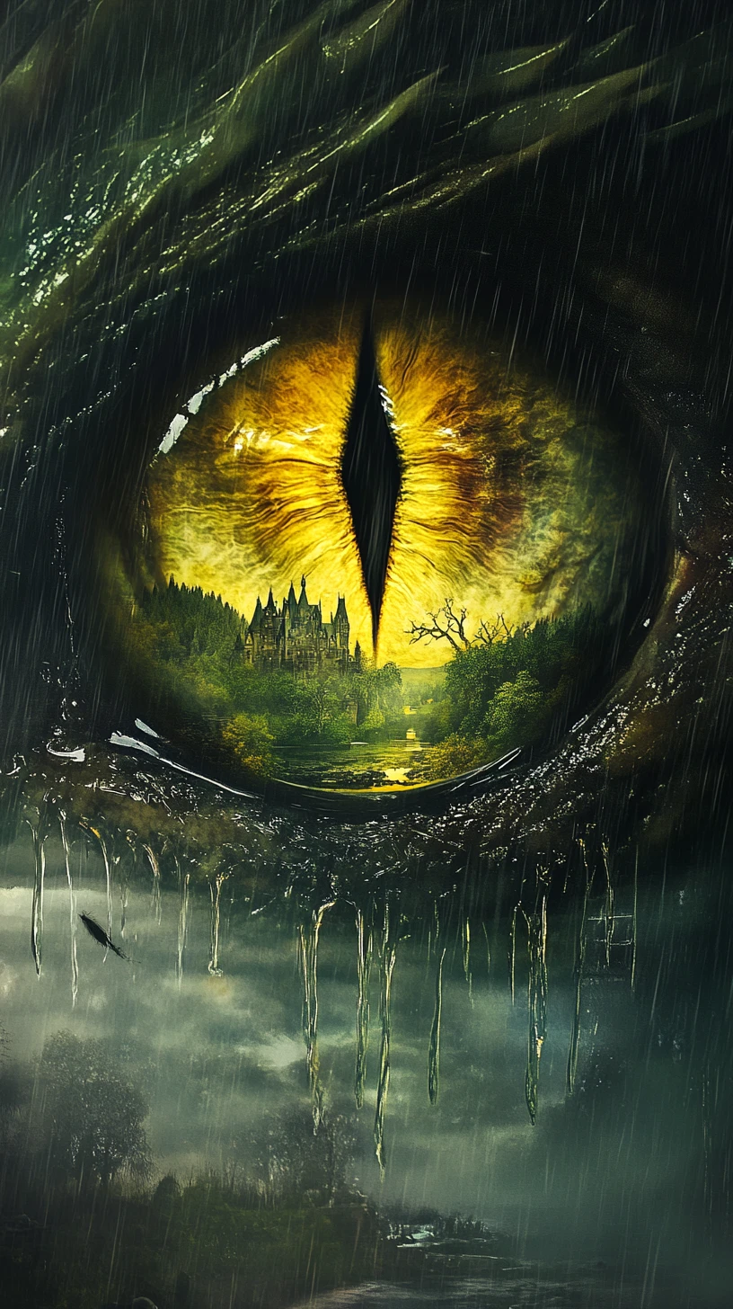 Gigantic dragon eye with castle reflected in the pupil