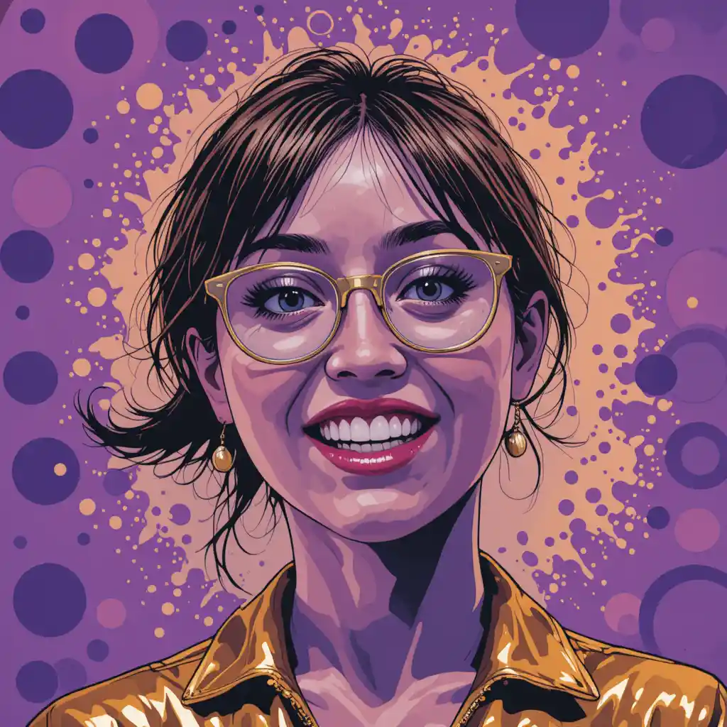 Mujer pop art con sonrisa sarcástica y cabello castaño casual